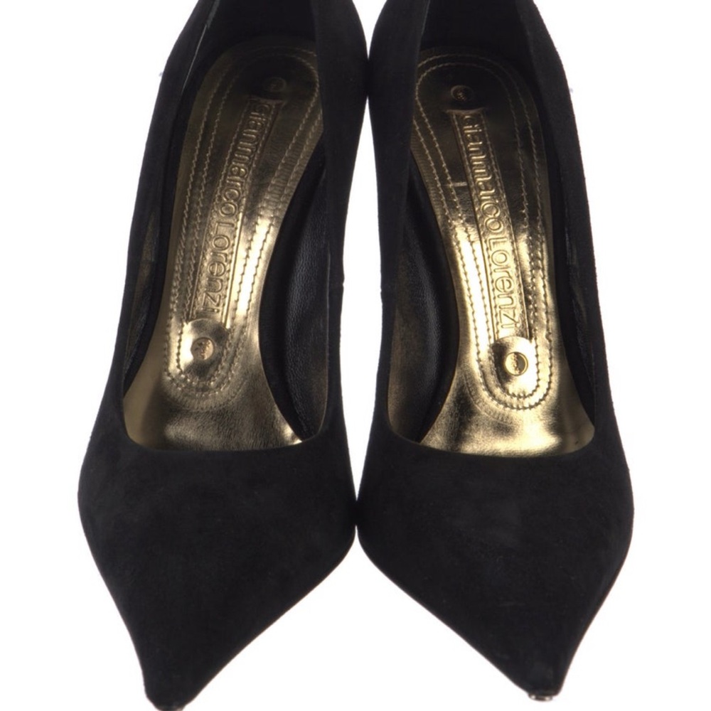 Gianmarco Lorenzi Black Suede Pointed-Toe Pumps with Metal Heel Tip - Picture 3 of 5